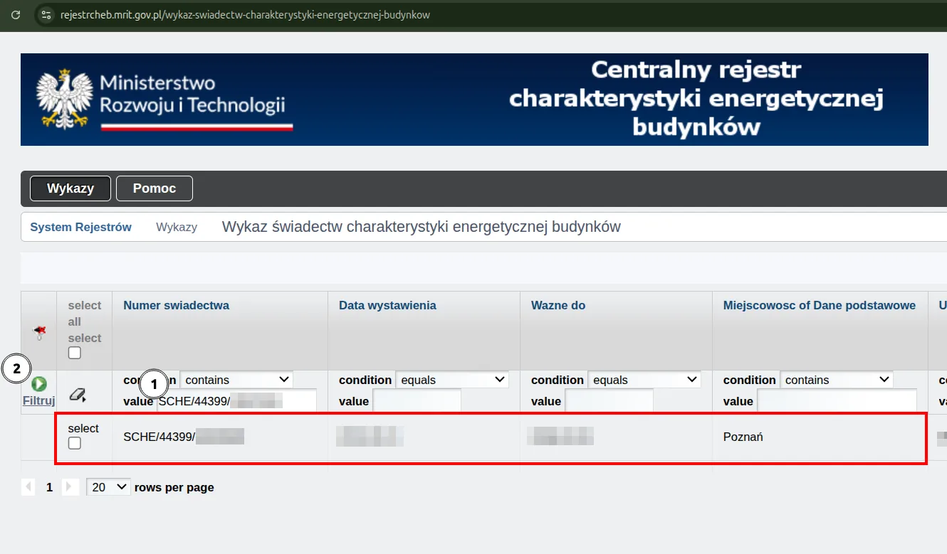 Formularz wyszukiwania w centralnym rejestrze CHEB — pole na numer świadectwa energetycznego, filtry daty wystawienia oraz przyciski Szukaj i Wyczyść