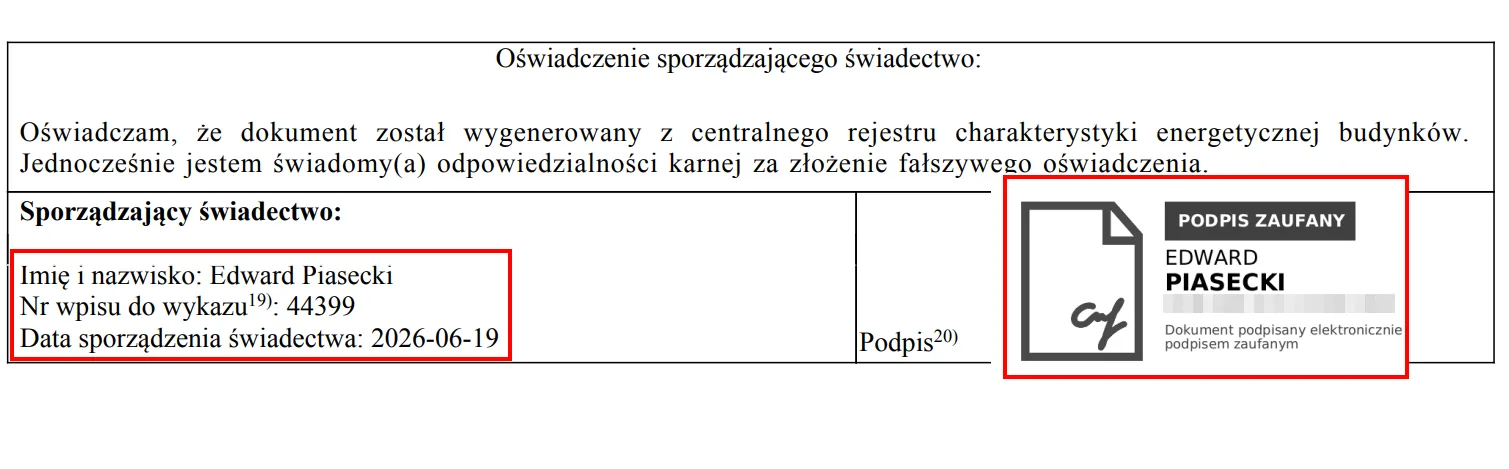 Podpis zaufany na świadectwie energetycznym — widoczny blok z imieniem i nazwiskiem certyfikatora, datą złożenia podpisu oraz oznaczeniem rodzaju podpisu elektronicznego