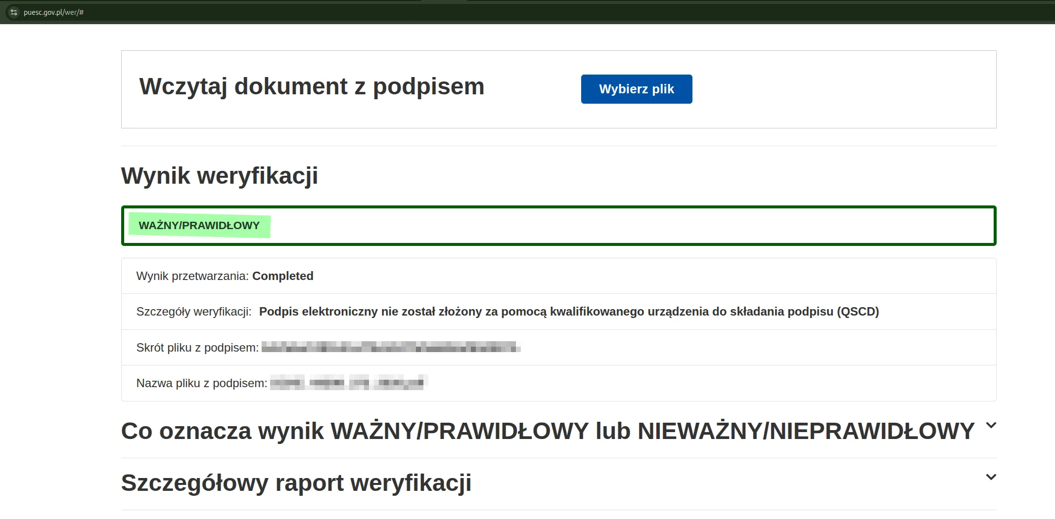 Wynik pomyślnej weryfikacji podpisu elektronicznego na świadectwie energetycznym — komunikat o ważnym podpisie, dane certyfikatora i data złożenia
